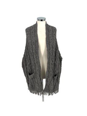 Aran Sweater Market Merino Wool Cable Knit Open Fringe Poncho Cardigan One Size